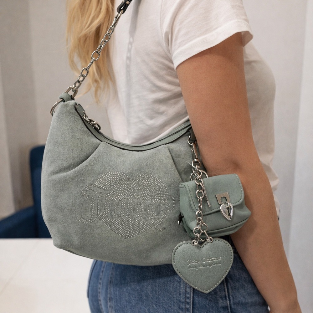 Juicy Couture Sage Green Rhinestone Heart Hobo Bag NWT - Picture 2 of 8